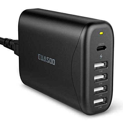 USB C Charger, USB PD Charger, EUASOO Power Delivery 3.0 60W Multi USB 5 Ports Wall Charger Station One Type C Port for iPhone X/8/8 Plus, iPad, MacBook, Samsung Galaxy S8/S8 Plus/Note 8 & More