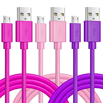 USB Cable, Pofesun 3 Pack Premium 6Ft Extra Long Micro USB Cable Charging & Sync Data Cable Charger Cord for Samsung, Nexus, LG, Motorola, Android Smartphones and More. (Purple Pink Rose)