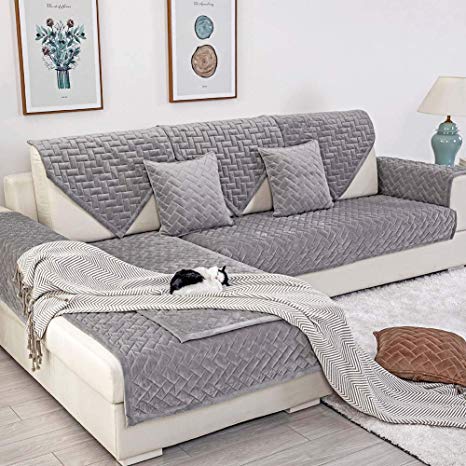 Deep Dream Sofa Slipcover, Velvet Sectional Sofa Covers Furniture Protector Anti-Slip Couch Covers for Dogs Cats Kids 36 x 70 Inch - Gray (Sold by Piece/Not All Set)