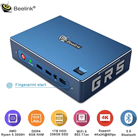 Beelink GT-R Mini PC Windows 10 Pro,AMD Ryzen 5 3550H Processor(up to 3.7 GHz) 8GB DDR4 256GB NVMe SSD 1TB HDD,Radeon Vega 8 Graphics,WiFi 6,Bluetooth 5.0,Dual Gigabit Ethernet,Gaming PC