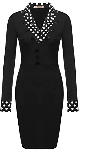 ACEVOG Women's Vintage Dot Patchwork Long Sleeve Turn-Down Collar Pencil Dress