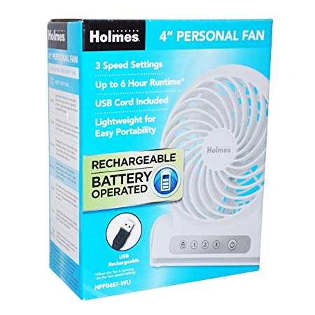 Holmes 4" Personal Fan Rechargeable Battery Operated - White
