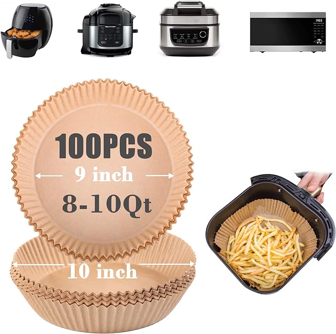 GOAUS Air Fryer 100 Pcs Round Paper Liners Disposable [Extra Large] for 8 Qt or Above Basket, 9 inch Unbleached Non-stick Parchment Paper