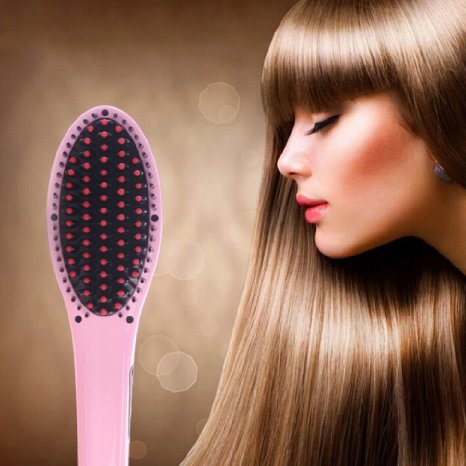 Preup 2-in-1 Auto Electric Hair Straightener Comb LCD Iron Brush Auto Hair Massager (Pink)