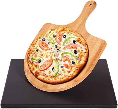 Ohuhu Black Glazed Surface Pizza Stone for Oven and Grill/BBQ, Free Wooden Pizza Peel Paddle, Durable and Safe Baking Stone for Grill, Thermal Shock Resistant Cooking Stone, 15 x 12 Inch