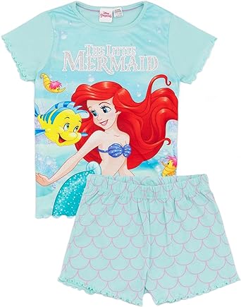 Disney The Little Mermaid Girls Pyjama Set | Kids Blue T-Shirt & Shorts Loungewear PJs Outfit | Movie Pajama Nightwear