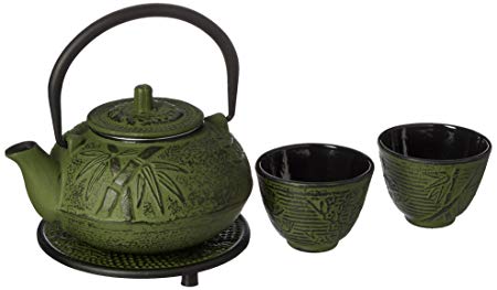 M.V. Trading New Star International T8180 Cast Iron Bamboo Tea Set with Trivet, 21 oz, Green