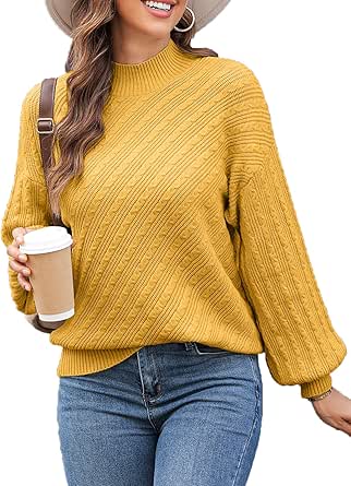 Dokotoo Womens Fall Sweaters 2024 Fashion Cable Knit Mock Neck Lantern Sleeve Casual Loose Pullover Tops