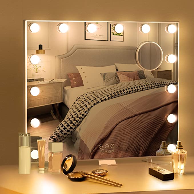 BESTOPE Large Vanity Mirror with Lights Hollywood Lighted Makeup Mirror with 3 Color Lighting Modes for Tabletop Mirror or Wall Mounted, 14pcs Dimmable Led Bulbs,USB Outlet and Smart Touch Control