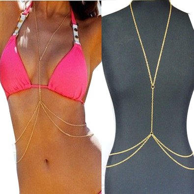 JQUEEN Fashion Harness Women Bikini Gold Link Beach Crossover Belly Body Chain Necklace