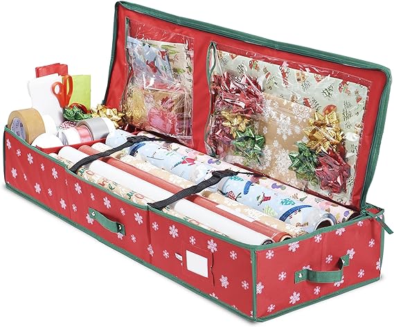 ZOBER Underbed Gift Wrap Organizer, Interior Pockets, fits 18-24 Standard Rolls, Underbed Storage, Wrapping Paper Storage Box and Holiday Accessories, 40” Long - Tear Proof Fabric