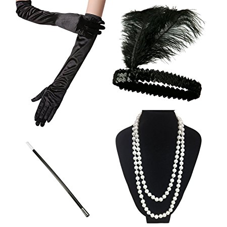 iLoveCos 1920s Accessories Set Flapper Headband Necklace Gloves Cigarette Holder Great Gastby Accessories (A)