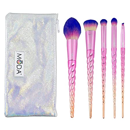 Royal & Langnickel MODA Full Size Mythical Star 6pc Unicorn Makeup Brush Set with Pouch, Includes - Blush, Complexion, Domed Shadow, Crease, and Angle Eyeliner Brushes