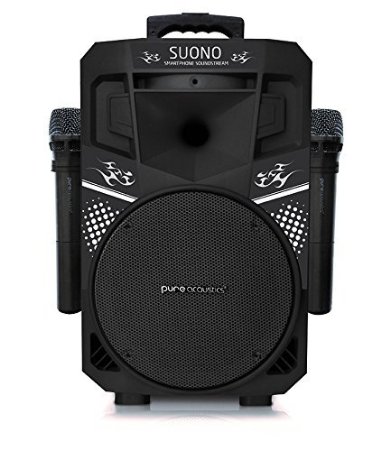 Pure Acoustics Wireless Portable Bluetooth PA Audio Speaker with 2 Wireless Microphones FM Radio Party Karaoke Machine Sound System MCP-75 Suono Soundstream Black & Black Gril