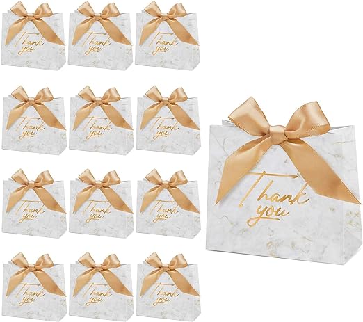30 Pack Small Thank You Gift Bags, Mini Gift Bags Candy Bags Bulk with Gold Bow Ribbon for Baby Shower Birthday Wedding Party Favors Bridesmaid Celebration(4.6x 1.8x3.9 Inch,Marble)