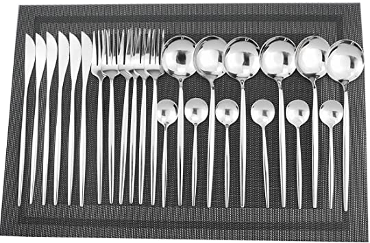 Gugrida 24-Piece Silverware Set - 18/10 Stainless Steel Reusable Utensils Forks Spoons Knives Set, Mirror Polished Cutlery Flatware Set, Great for Family Gatherings & Daily Use (6 set, Silver)