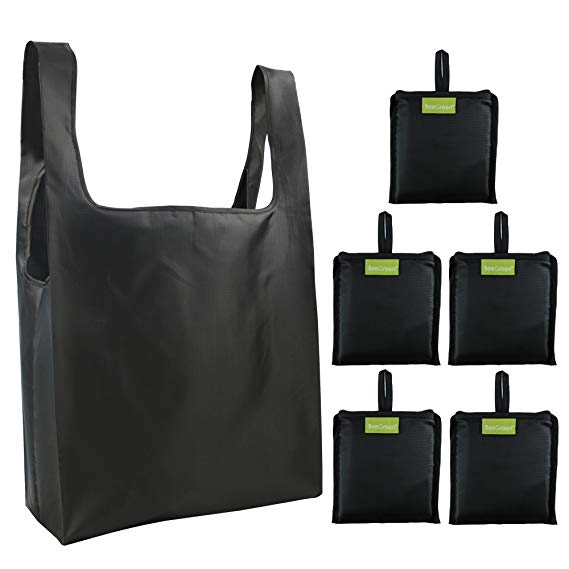 Reusable Grocery Bags Set, Grocery Tote Foldable into Attached Pouch, Ripstop Polyester Reusable Shopping Bags, Washable, Durable and Lightweight (Black)