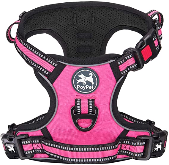 PoyPet No Pull Dog Harness, [Release at Neck] Reflective Adjustable No Choke Pet Vest with Front & Back 2 Leash Attachments, Soft Control Training Handle for Small Medium Large Dogs