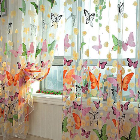 ROPALIA Door Window Balcony Butterfly Print Tulle Voile Sheer Curtain Panel