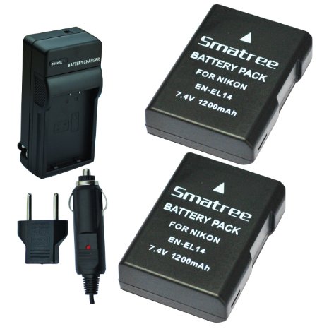 Smatree Replacement Battery for En-EL14 and Charger for Nikon Nikon D3100 D3200 D3300 D5100 D5200 D5300 D5500 DF Coolpix P7000 P7100 P7700 P7800 DSLR Cameras  Ac Wall Charger  Car Charger Adapter  US to EU Plug