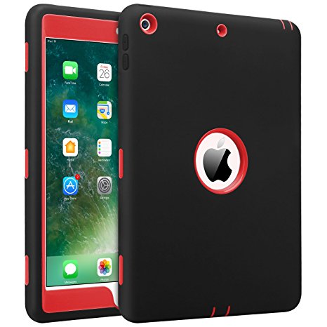 iPad 2017/2018 iPad 9.7 inch Case, BENTOBEN Heavy Duty Shockproof 3 Layers Rugged Slim Hybrid Hard PC Silicone Rubber Bumper Full Body Protective iPad Case Cover for Apple iPad 9.7 inch, Black/Red