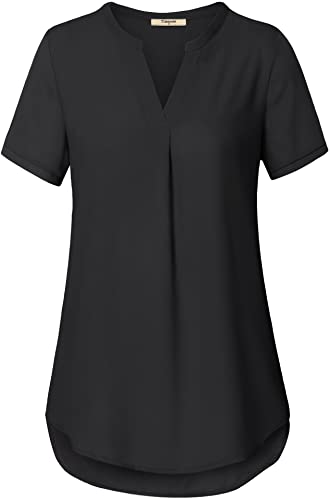 Timeson Women's V Neck Short Sleeve Curved Hem Sheer Chiffon Blouse Shirts Tops