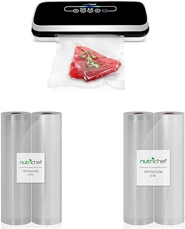 NutriChef Automatic Vacuum Air Sealing System Preservation & NutriChef Vacuum Sealer Bags 11x50 Rolls 2 pack & NutriChef Vacuum Sealer Bags 8x50 Rolls 2 pack for Food Saver