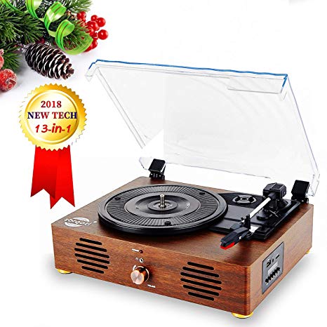 Record Player Vinyl Recording Turntable - LCD Display 13 in 1 Bluetooth Phonograph LP Player with Professional Speakers USB TF Card Line in Play Mode FM Radio Line Out and Headphone Jack