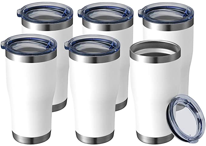 20 oz 6 Packs Wholesale in Bulk Insulated Stainless Steel Tumblers Reusable Coffee Travel Mugs with Lid for Hot n Iced Cups, Double Wall Blank Vacuum Metal Thermal Women Men (Half A Dozen, White)