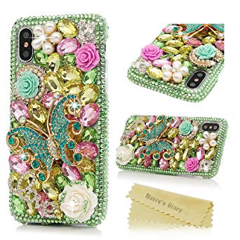 iPhone X Case, iPhone Xs Case, Mavis's Diary Full Edge Protective Plastic Case, 3D Handmade Crystal Clear Bling Green Diamonds Shiny Colorful Rhinestone Floral Butterfly Pearl Hard PC Cover