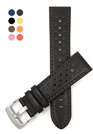 Vented Racer Genuine Leather Watch Strap Band, with Stainless Steel Buckle, 18 - 24mm, Comes in Many Colors
