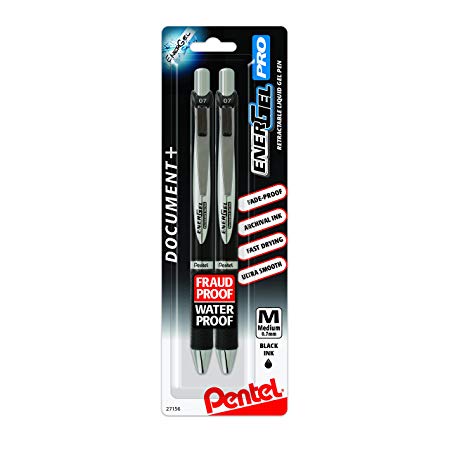 Pentel EnerGel Pro Permanent Gel Ink Pen, (0.7mm) Medium Point, Black Ink, 2-Pk (BLP77BP2A)