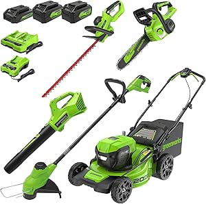 Greenworks 48V (2x24V) 20" Cordless Push Mower, 12" String Trimmer, 320 CFM Blower，10" Chainsaw，and 22" Hedge Trimmer Combo Kit