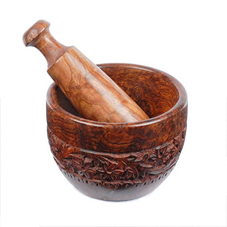 Aheli Wooden Mortar and Pestle Grinder for Herbs, Spices Floral Carved Decorative Kitchen Tableware