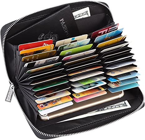 Women 36 Slots RFID Blocking Card Holder Large Long Leather Zipper Checkbook Accordion Wallet,Black