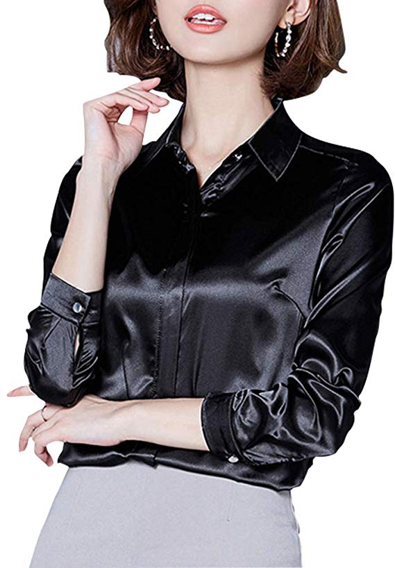 Women's Silk Blouse Long Sleeve Lady Shirt Casual Office Work Blouse Shirt Tops