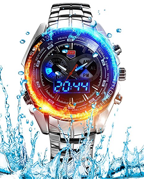 Men's Military Steel Men's Quartz Clock Dual time Digital Blue Binary LED Alarm Waterproof Sport Watch