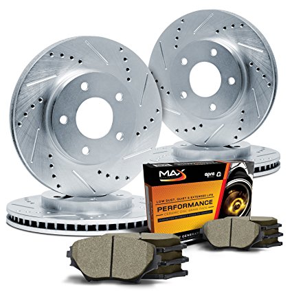 Max KT010213 Front   Rear Silver Slotted & Cross Drilled Rotors and Ceramic Pads Combo Brake Kit