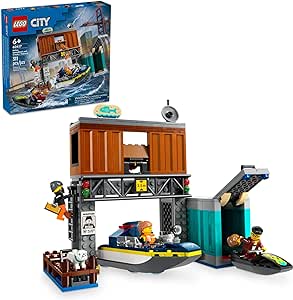 LEGO City Police Speedboat and Crooks’ Hideout Boat Toy, Fun Gift for Boys, Girls and Kids Ages 6 and Up who Love Pretend Play Toys, Includes a Jet Ski Toy, a Dog Figure and 3 Minifigures, 60417