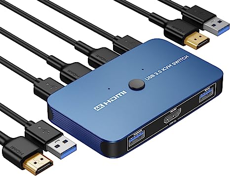 ABLEWE KVM Switch, Aluminum KVM Switch HDMI,USB Switch for 2 Computers Sharing Mouse Keyboard Printer to One HD Monitor, Support 4K@60Hz,2 HDMI Cables and 2 USB Cables Included(Blue)