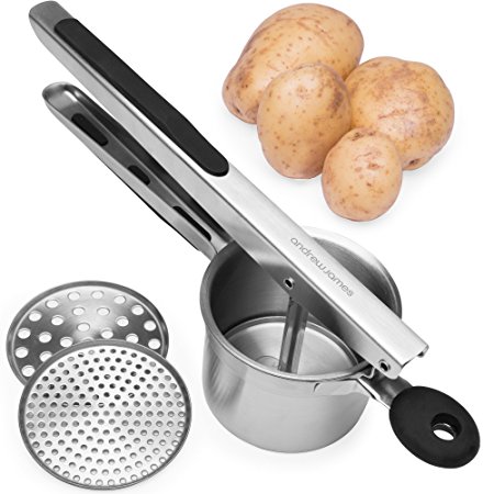 Andrew James Stainless Steel Potato Ricer Masher with Two Large Ricing Plates - Vegetable Fruit Press and Crusher for Puree - Easy Ergonomic Soft Touch Handles