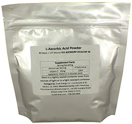 Duda Energy asc1f Bag of L-Ascorbic Acid Powder 99+% Food Grade USP36/BP2012 Naturally Fermented Pure White Crystals Form of Vitamin C, 1 lb.