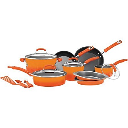 Rachael Ray 15-Piece Hard Enamel Nonstick Cookware Set | Oven-Safe to 350 Degrees (Orange)