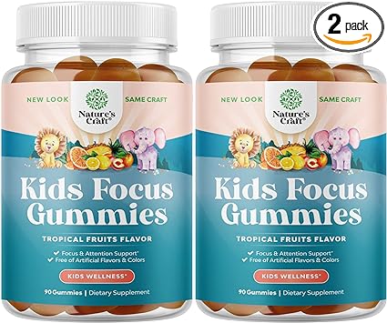 Vegan Brain Focus Gummies for Kids - Kids Focus Supplement with Phosphatidylserine Bacopa Monnieri Green Tea Extract and More Focus Vitamins for Kids Mood Concentration Energy and Focus (2 Pack)