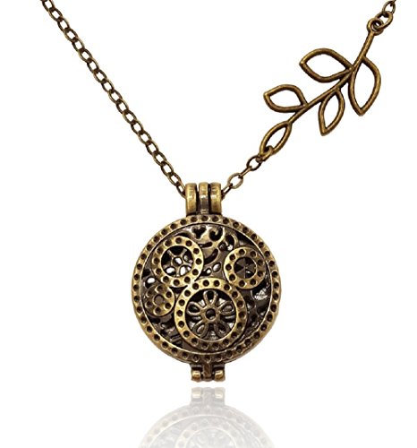 Brass-tone Clockwork Clock Gear with Branch Essential Oil Diffuser Jewelry Aromatherapy Locket Pendant includes reusable felt pads