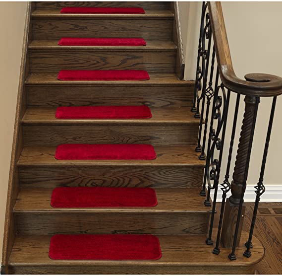 Sweethome Stores Non-Slip Shag Carpet Stair Treads, (9"X26")-5 Pack- Red Solid