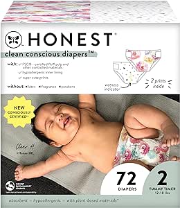 The Honest Company Clean Conscious Diapers | Plant-Based, Sustainable | Young at Heart   Rose Blossom | Club Box, Size 2 (12-18 lbs), 72 Count