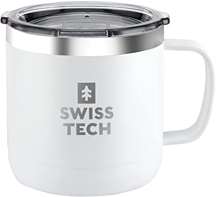 SWISS TECH 14 oz Coffee Mug, Vacuum Insulated Mug Cup with Lid, Double Wall Stainless Steel Travel Tumbler Cup, Leak Proof, Corrosion Resistant, BPA Free (White)