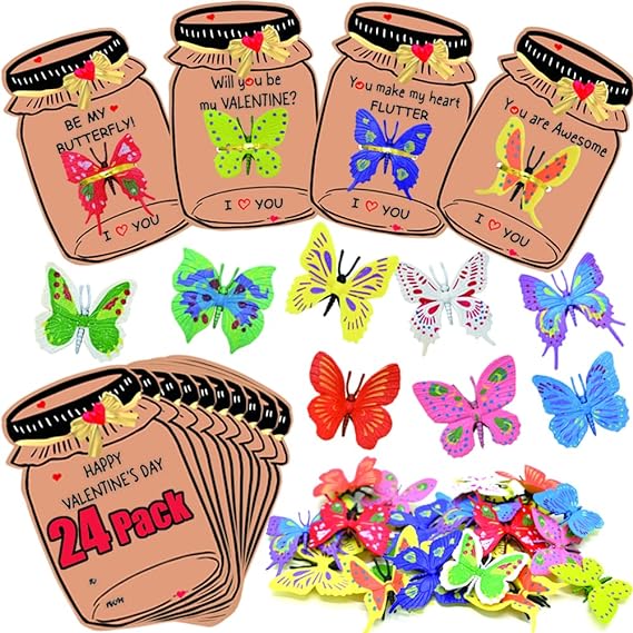 CAMIRUS Valentines Day Gift Cards for Kids, 24Pack Love Bug Valentine Card with Butterfly Figures Toys, Valentines Classroom Gift Exchange Cards for Boys Girls Valentines Sets Party Favors