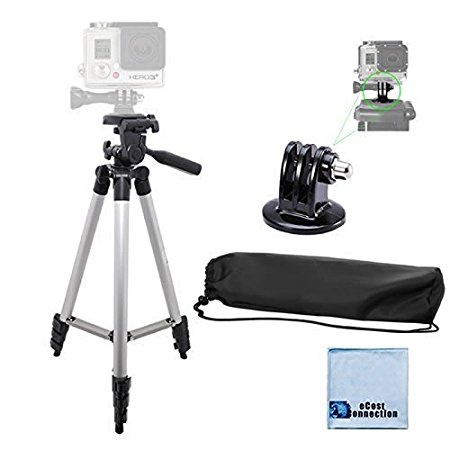 50" Aluminum Camera Tripod with Built in Bubble Level Indicator For Gopro 1, 2, 3, 3 , 4 Gopro , Gopro Hero Silver & Black edition, GoPro 4 Session   Tripod Mount and an eCostConnection Microfiber Cloth Included